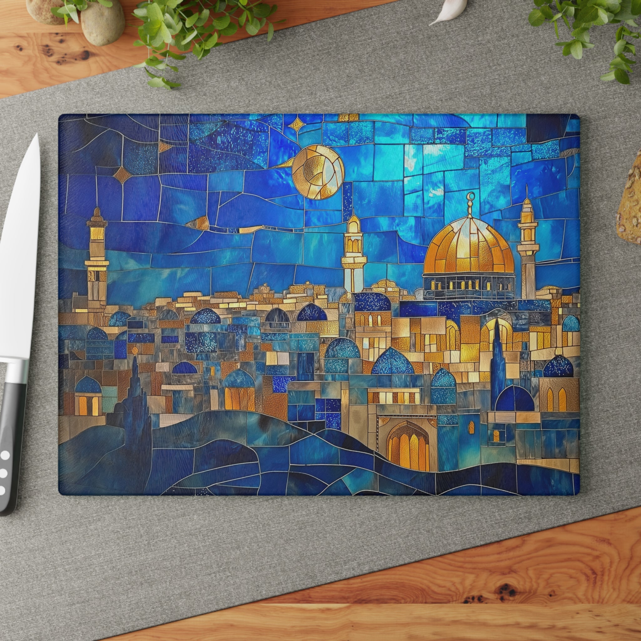 Jerusalem Challah Board Glass Judaica Tray