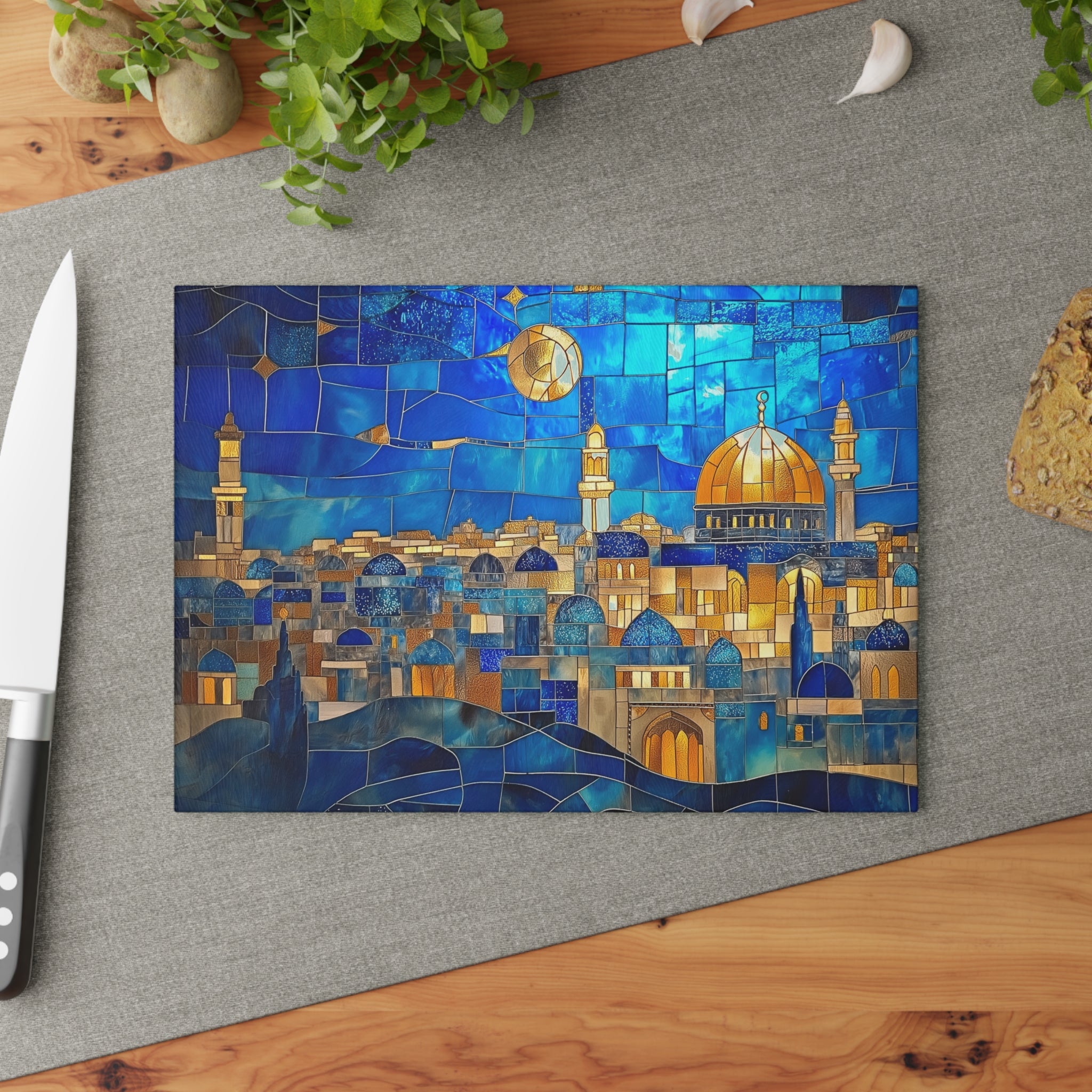 Jerusalem Challah Board Glass Judaica Tray